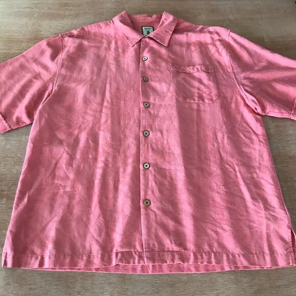 Jamaica Jaxx 100% Silk Shirt Men L Salmon Pink Floral Button Up Pocket Collared - Picture 1 of 12